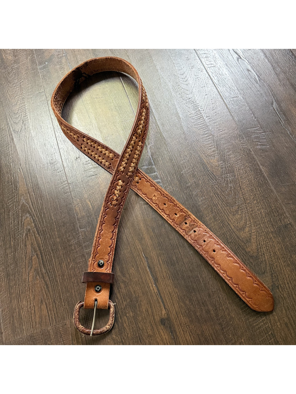 Vintage 70s Brown Leather Braided Tooled Western Belt Leather Buckle Boho